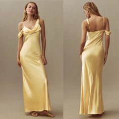 two pictures of a woman in a yellow dress and one is wearing a gold gown