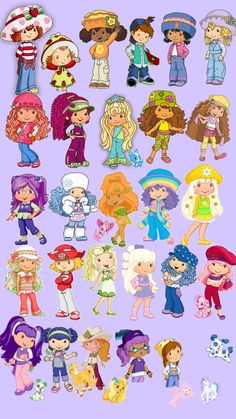 many different cartoon characters are grouped together on a purple background with the same color scheme