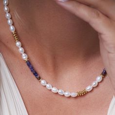 A fun and fabulous cultured freshwater pearl necklace with gorgeous purple sea segmented jasper to give that all important pop of colour!    An essential addition to your summer wardrobe - perfect for daywear on the beach as well as sunset dining in exotic locations.    ﻿Oval cultured freshwater pearl necklace with18kt gold fill beads and purple sea segmented jasper with gold plate lobster clasp & ext. chain. Please note gemstones, like people, are unique and therefore may have natural inclusions or inflections. Pearls are quite soft and need special care after you wear them. Always store them in a separate jewellery pouch away from other jewellery and it is best to keep them in something soft.  From time to time, after you wear your pearls you should wipe them with a soft damp cloth to p Purple Jasper, Freshwater Pearl Jewelry, Freshwater Pearl Necklaces, Jewelry Pouch, Gold Beads, Pearl Jewelry, Gold Vermeil, Pink Purple, Fresh Water