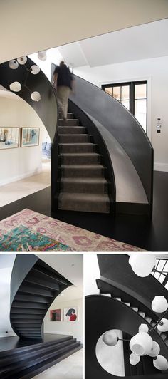 the staircase in this modern house is made from black and white materials