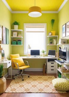 a home office with green walls and yellow accents on the ceiling, along with an area rug