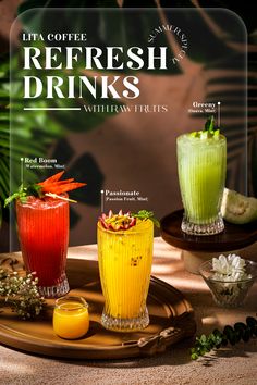 three different types of drinks on a tray with the words, lita coffee refresh drinks