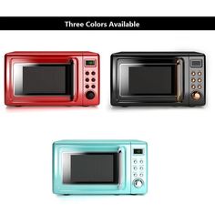 three different colored microwaves sitting next to each other