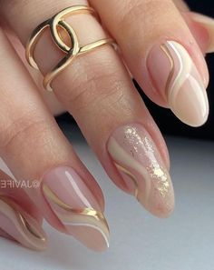 Pink Almond Nails Ongles Beiges, Beige Nails Design, Nails With Gold, Natural Nail Designs, Uñas Ideas, Gold Nail Designs, Nails Gold, Beige Nails, Nails 2023