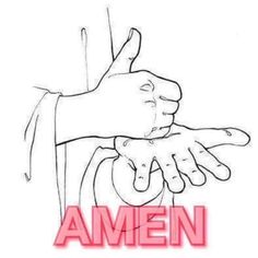 two hands reaching for each other with the word amen in red on top of it