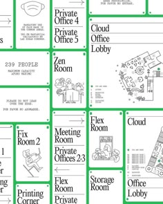 several different types of business brochures are shown in green and white paper with black lettering