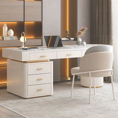 a white desk and chair in a room with gold lighting on the wall behind it