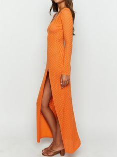 Our Style No.SW067 90%Rayon. 9%Nylon. 1%Spandex Very Stretchy Made in China Gentle Dry Clean Only Stretch Polyamide Dress For Night Out, Orange Fitted Long Sleeve Maxi Dress, Fitted Orange Long Sleeve Maxi Dress, Spring Stretch Nylon Bodycon Dress, Party Nylon Dresses With Long Sleeves, Spring Long Sleeve Maxi Dress In Elastane, Bodycon Long Sleeve Maxi Dress In Elastane, Long Sleeve Bodycon Maxi Dress In Elastane, Bodycon Long Sleeve Elastane Maxi Dress