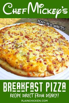 a pizza sitting on top of a white plate next to a green sign that says breakfast pizza recipe from disney