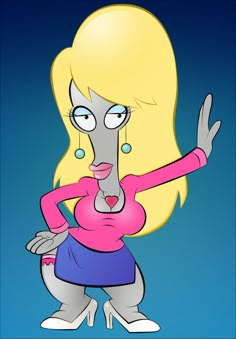 an animated cartoon character with blonde hair and blue eyes, holding her hand out to the side