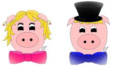 two cartoon pigs with hats and bow ties, one wearing a top hat while the other wears a tie