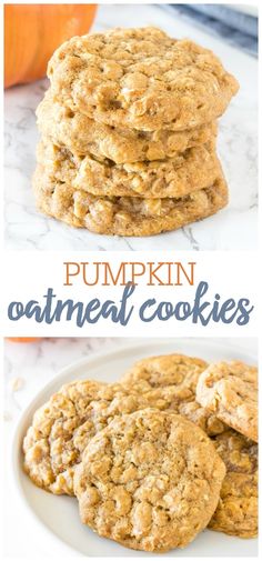 pumpkin oatmeal cookies stacked on top of each other with the words, pumpkin oatmeal cookies