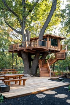 a tree house built into the side of a large tree