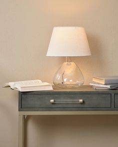 a table with a lamp and some books on it