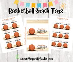 three basketball snack tags with the words, basketball snacks and two basketballs on them