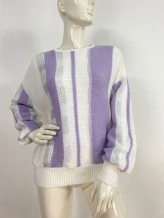 "80s sweater, vintage acrylic sweater, 1980s sweater Measurements:  Shoulder 17\"-18\"/sleeve 22\"/bust (pit-pit)23\"/length 23\"/bottom width 13\"-22\" Mannequin measurements:  5'8\", bust 34\", waist 25\", hip 33\" Please note that vintage clothing sizes can vary greatly.  The Measurements provided  are approximate and are taken lying flat.  I suggest taking a similar garment from your wardrobe and measure it while lying flat.  This way you can compare measurements.  All of our pieces are genu Retro Purple Long Sleeve Sweater, Matching Top And Skirt, 80s Sweater, Womens Pullover Sweaters, Vintage Pullovers, Acrylic Sweater, Pullover Windbreaker, Closet Goals, Hand Knitted Sweaters