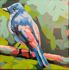 a painting of a blue bird sitting on a branch