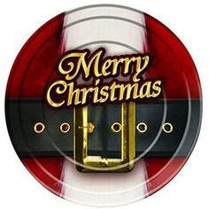 the merry christmas logo is shown on a red, white and black striped background with gold buckles