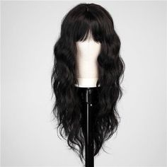 New Product Hair Materiallong Curly Hair Is Made Of High-Quality Heat-Resistant Synthetic Fiber. The Magic Of This Wig Is That, Through The Improvement Of Traditional Technology, Natural Bangs Are Added To Make Your Hair More Natural, Soft, Without Hurting The Skin, And Tasteless. Wig Style Long Curly Hair Is The First Choice For Women's Hair Style At Present, Because It Can Not Only Modify The Face Shape, But Also Suitable For All Daily And Special Occasions. This Wig Is Comfortable, Soft And F Long Black Hairstyles With Bangs, Black Wig Bangs, Long Wigs With Bangs, Goth Wigs, Straight Black Hair With Bangs, Goth Wig, Style Long Curly Hair, Cosplay Making, Natural Bangs