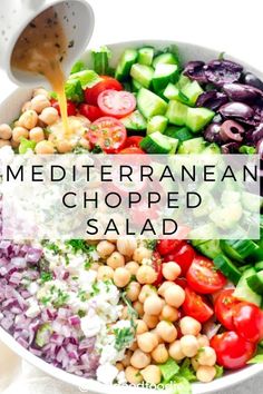 mediterranean chopped salad in a bowl with dressing