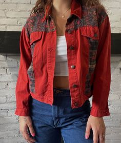 Red/orange denim makes for the perfect fall jacket🍁 Excellent condition! Fits like a medium. Retro Patchwork Denim Jacket For Fall, Plaid Denim Outerwear For Fall, Casual Red Patchwork Outerwear, Retro Fall Cotton Outerwear, Casual Red Cotton Outerwear, Fall Patchwork Button-up Denim Jacket, Red Winter Denim Jacket, Vintage Red Denim Jacket For Fall, Retro Long Sleeve Denim Jacket For Fall