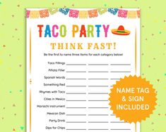 a printable taco party think fast game with the name tag and sign included