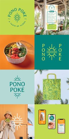 an advertisement for pono poke with various images and words on it, including a woman holding