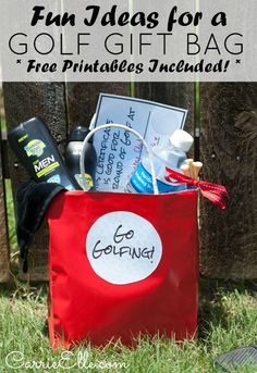 a red bag filled with golf items and the words fun ideas for a golf gift bag free printables included