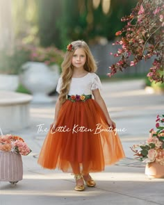 Custom Order for Julie Morgan, Dress/Plain Burnt Orange Sash.  🌸 Flower Girl Dress - Enchanting Burnt Orange Elegance for Fall Weddings Embrace the beauty of autumnal nuptials with our stunning burnt orange flower girl dress. This ankle-length creation is an epitome of Boho chic, designed to add a touch of whimsy and grace to any fall wedding.  Dress Features   - **Style Bohemian Elegance. An ankle-length flower girl dress that beautifully balances classic charm with modern style.   - **Material Exquisite lace and bridal grade tulle. The dress features short sleeves made of delicate lace, ensuring comfort without compromising on style.   - **Color Rich, burnt orange hue - perfect for fall weddings and thematic celebrations.   - **Back Detail A unique V-shaped lace back, edged with intrica Orange Flower Girl, Fall Flower Girl, Fall Flower Girl Dresses, Rustic Flower Girl Dress, Girls Fall Dresses, Boho Flower Girl, Long Flower Girl Dresses, Rustic Flower Girls, Hair Wreaths