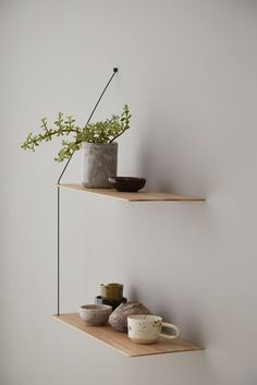 two wooden shelves with plants and vases on them, one is hanging from the wall