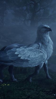 a large white bird standing on top of a lush green field next to a forest