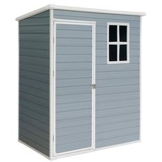 a gray storage shed with the door open and windows on it's side, isolated against a white background