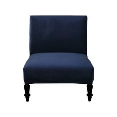 a dark blue chair with wooden legs