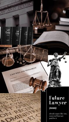 law and justice collage with books, judges gavel, scale of justice book