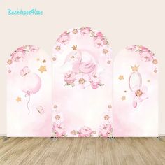 Three-piece arch backdrop set with pink swan, floral designs, and princess theme Swan Backdrop, Arches Backdrop, Arch Backdrops, Pink Swan, Swan Princess, Beautiful Swan, Arch Backdrop, Wall Backdrops, Backdrop Stand