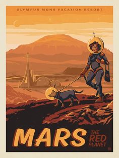 an image of a woman walking her dog on mars