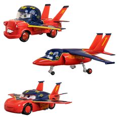 three toy planes with cars on them are shown