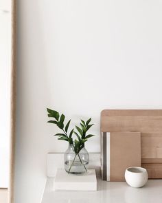 there is a vase with some plants in it on the counter next to a bowl