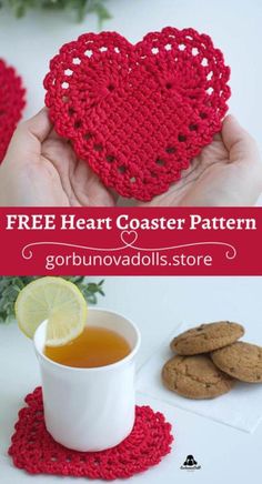 crochet heart coaster pattern with cup and saucer