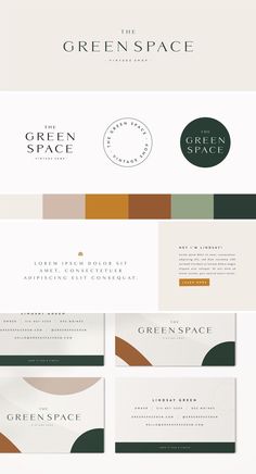 the green space logo is shown in three different colors and font styles, including brown, white