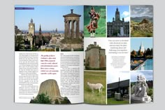 an open brochure with pictures of buildings and statues