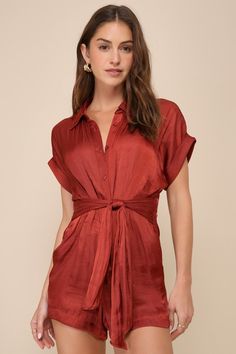 Tori Rust Red Satin Collared Dolman Sleeve Button-Up Romper Gathered Bodice, Satin Romper, Nashville Outfits, Orange Satin, Red Romper, Shorts Romper, Satin Short, Strapless Romper, Short Playsuit