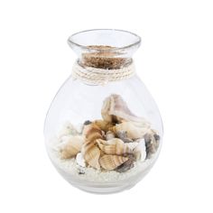 a glass vase filled with sea shells and sand