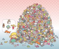 an image of a pile of cartoon characters on the ground with a camera in front of it