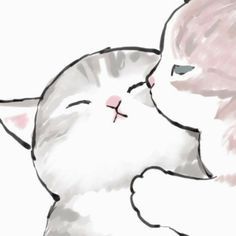 two cats cuddling together with each other on a white and pink background, one has its eyes closed