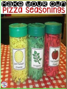 three jars filled with pasta sitting on top of a red and white checkered table cloth