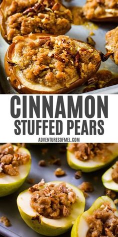 cinnamon stuffed pears on a baking sheet with apples in the background and text overlay that reads, cinnamon stuffed pears