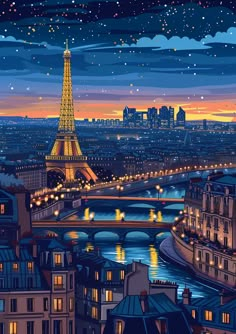 the eiffel tower is lit up at night, with lights on and buildings in the background