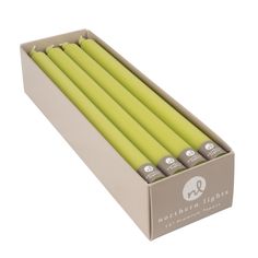 A box of Northern Lights New Leaf 12 Taper Candles with a box of candles for a table setting. Taper Holders, Single Candle, Colorful Candles, Christmas Delivery, Taper Candles, Candle Set, Fragrance Free, New Leaf, Fall Harvest