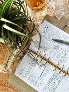 a notepad with some writing on it next to a potted plant and glasses